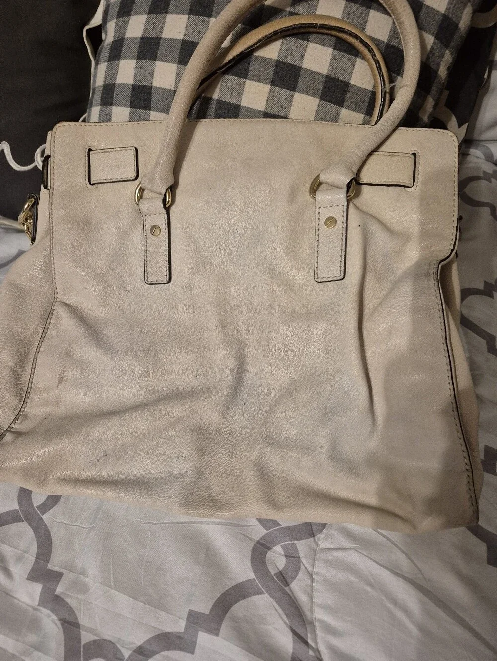 Michael Kors Leather Tote Handbag in Cream with Gold Hardware